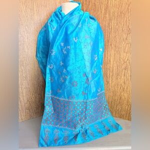 NOVICA India Traditional Cotton Silk Scarf Dupatta Style Gold Teal Paisley 21x77